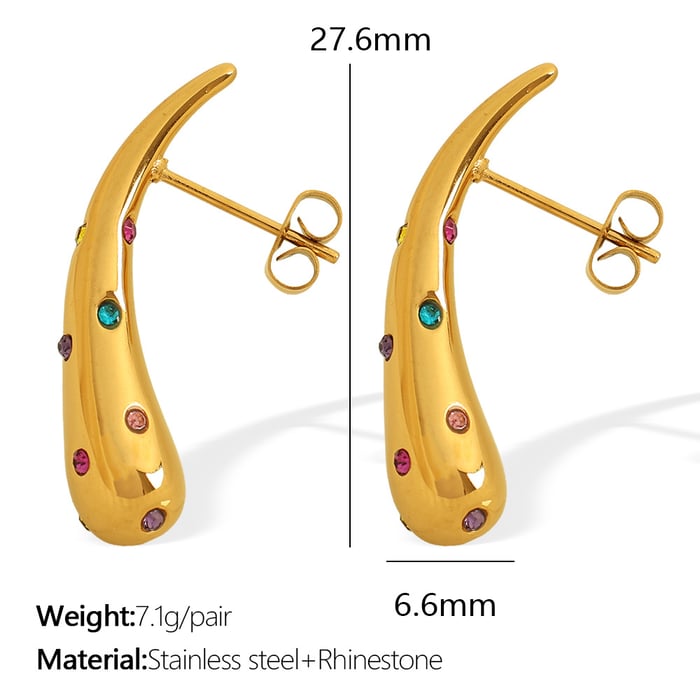 1 Pair Simple Series Simple Droplet Stainless Steel  Gold Color Rhinestone Women's Stud Earrings 